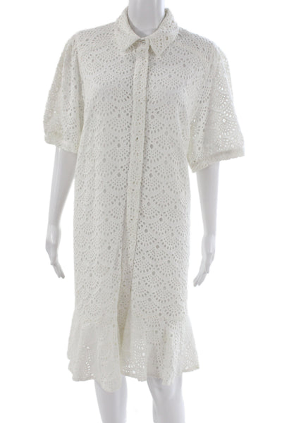 Tanya Taylor Womens Shirt Dress White Silk Collared Button Knee Length Size 14