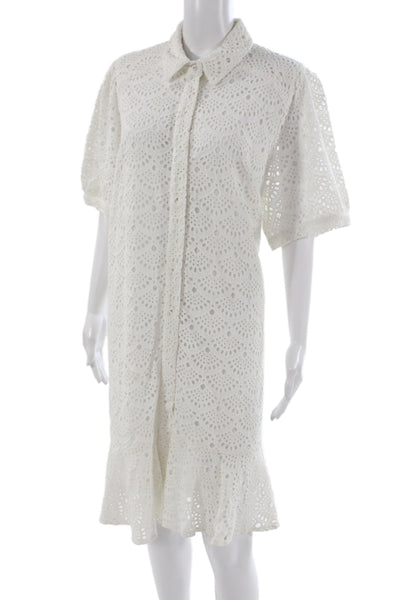 Tanya Taylor Womens Shirt Dress White Silk Collared Button Knee Length Size 14