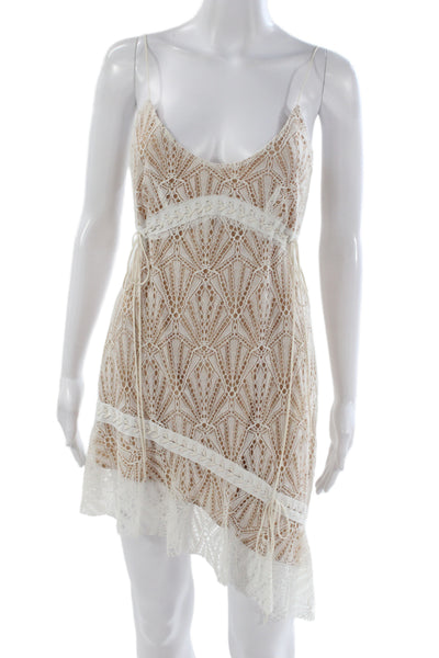 For Love & Lemons Womens Mini Slip Dress Beige V Neck Geometric Boho Size S