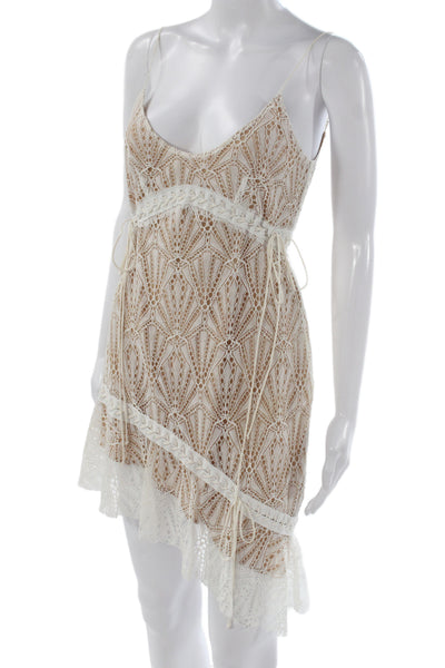 For Love & Lemons Womens Mini Slip Dress Beige V Neck Geometric Boho Size S