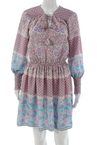 Shoshanna Women Blouson Dress Light Blue Floral Long Sleeve Knee Length Size 4