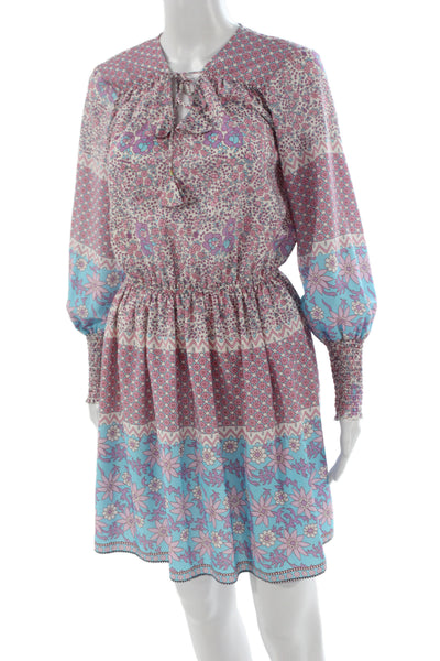 Shoshanna Women Blouson Dress Light Blue Floral Long Sleeve Knee Length Size 4
