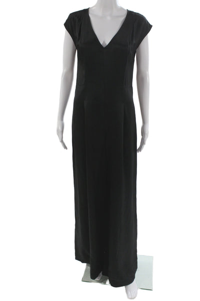 Madewell Women Black Satin Maxi Sheath Jumpsuit V-Neck Short Sleeve Size 6