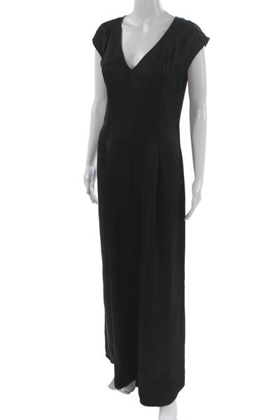 Madewell Women Black Satin Maxi Sheath Jumpsuit V-Neck Short Sleeve Size 6