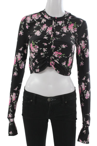 Love Shack Fancy Womens Crop Top Black Floral Long Sleeve Crew Neck Zip Size S