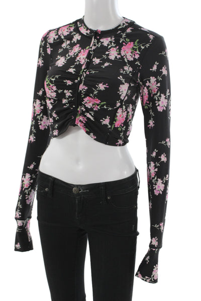 Love Shack Fancy Womens Crop Top Black Floral Long Sleeve Crew Neck Zip Size S