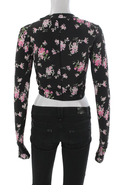 Love Shack Fancy Womens Crop Top Black Floral Long Sleeve Crew Neck Zip Size S