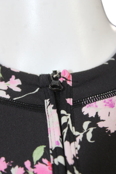 Love Shack Fancy Womens Crop Top Black Floral Long Sleeve Crew Neck Zip Size S