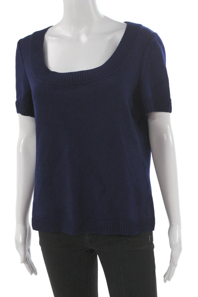 St. John Sport Marie Gray Women Dark Blue Square Neck Short Sleeve Top Size L
