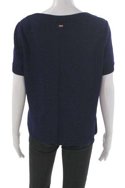 St. John Sport Marie Gray Women Dark Blue Square Neck Short Sleeve Top Size L