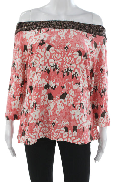 St. John Sport Womens Pink Floral Tunic Blouse 3/4 Sleeve Size L