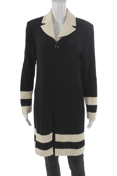 St John Collection Marie Gray Women Striped Black Coatigan Zip Collared Size 10