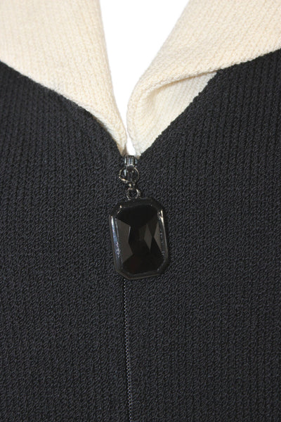 St John Collection Marie Gray Women Striped Black Coatigan Zip Collared Size 10