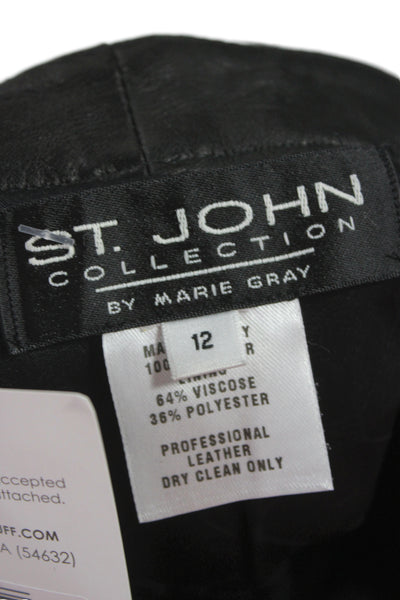 St. John Collection Marie Gray Womens Leather Dress Pants Black Button Size 12