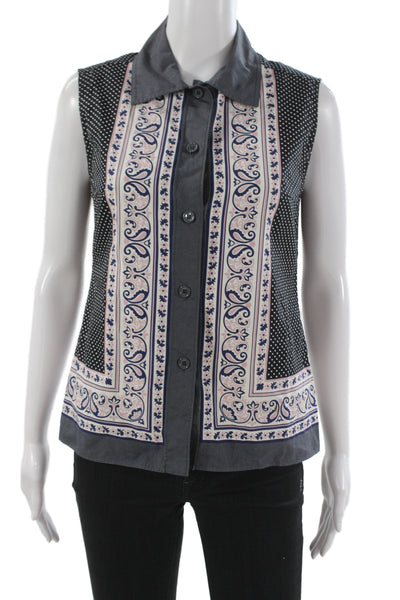 Miu Miu Womens Collared Sleeveless Button-Up Top Black Paisley Cotton Size 42