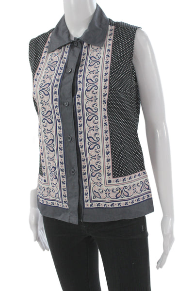 Miu Miu Womens Collared Sleeveless Button-Up Top Black Paisley Cotton Size 42