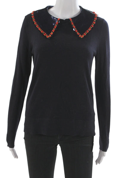 Tory Burch Womens Pullover Merino Wool Collared Black Sweater Size S