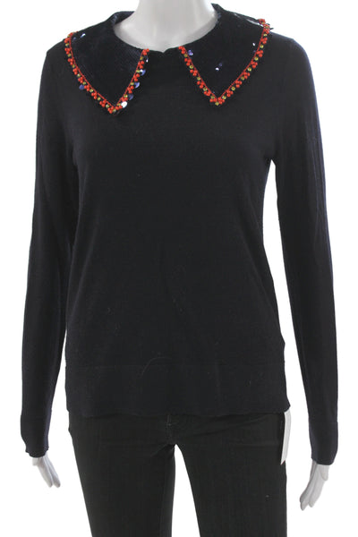Tory Burch Womens Pullover Merino Wool Collared Black Sweater Size S
