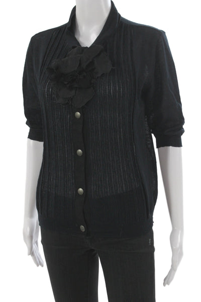 Lanvin Unisex Cardigan Black Mock Neck Button 3/4 Sleeve Designer Size M