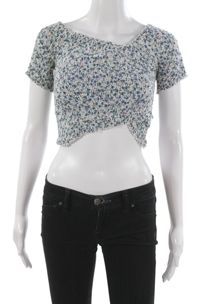 Poupette St. Barth Womens Cropped Top Blue Floral Viscose Short Sleeve Size S