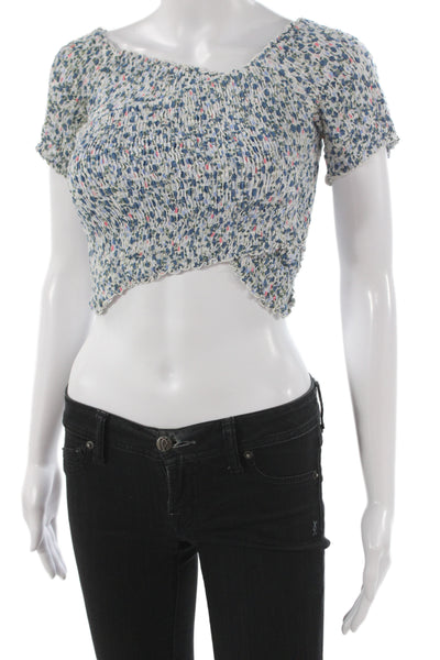 Poupette St. Barth Womens Cropped Top Blue Floral Viscose Short Sleeve Size S