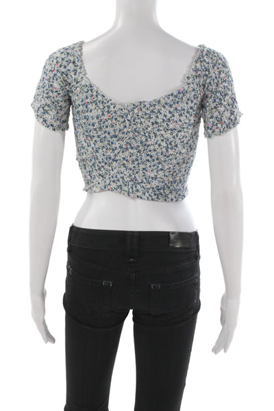 Poupette St. Barth Womens Cropped Top Blue Floral Viscose Short Sleeve Size S