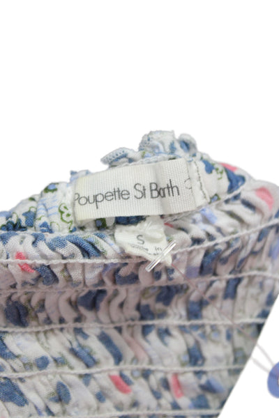 Poupette St. Barth Womens Cropped Top Blue Floral Viscose Short Sleeve Size S
