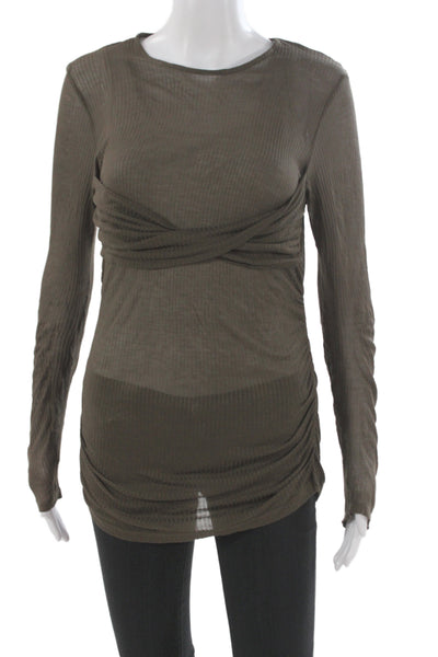 Zara Women Basic Brown Round Neck Long Sleeve Polyester Spandex Army Top Size L