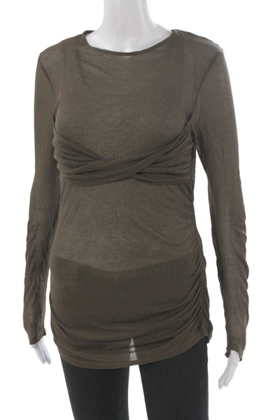 Zara Women Basic Brown Round Neck Long Sleeve Polyester Spandex Army Top Size L