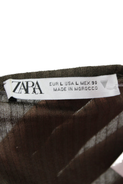Zara Women Basic Brown Round Neck Long Sleeve Polyester Spandex Army Top Size L