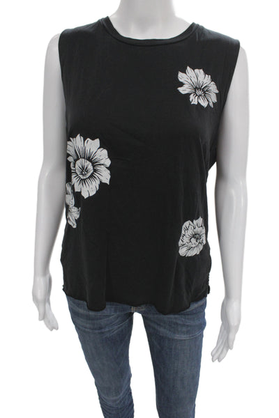 Lauren Moshi Women Basic Floral Sleeveless Tank Black Crew Neck Size S