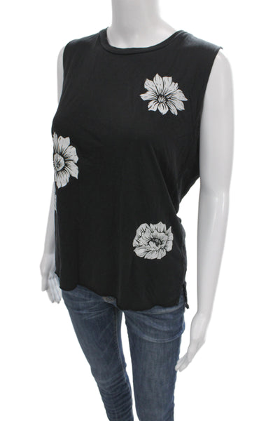 Lauren Moshi Women Basic Floral Sleeveless Tank Black Crew Neck Size S