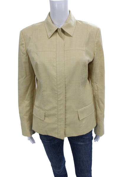 Magaschoni Womens Beige Wool Check Collared Zip Jacket Long Sleeve Size 4