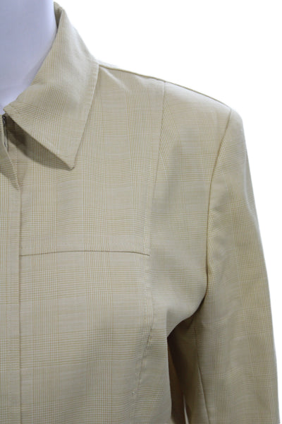 Magaschoni Womens Beige Wool Check Collared Zip Jacket Long Sleeve Size 4