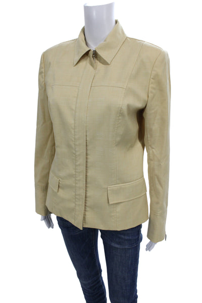 Magaschoni Womens Beige Wool Check Collared Zip Jacket Long Sleeve Size 4