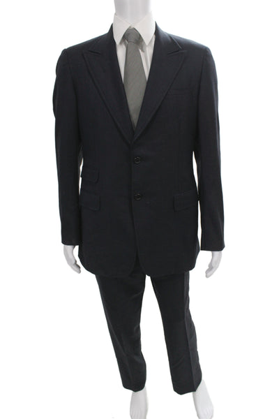 Prada Mens 2 Piece Dark Blue Suit Button Collared Wool Blend Size 52
