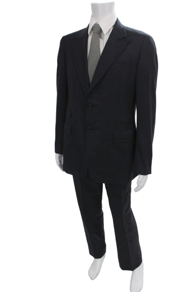 Prada Mens 2 Piece Dark Blue Suit Button Collared Wool Blend Size 52