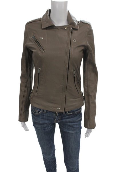 IRO Womens Biker Lamb Leather Brown Button Collared Jacket Size 38