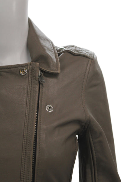 IRO Womens Biker Lamb Leather Brown Button Collared Jacket Size 38