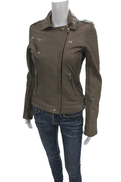 IRO Womens Biker Lamb Leather Brown Button Collared Jacket Size 38