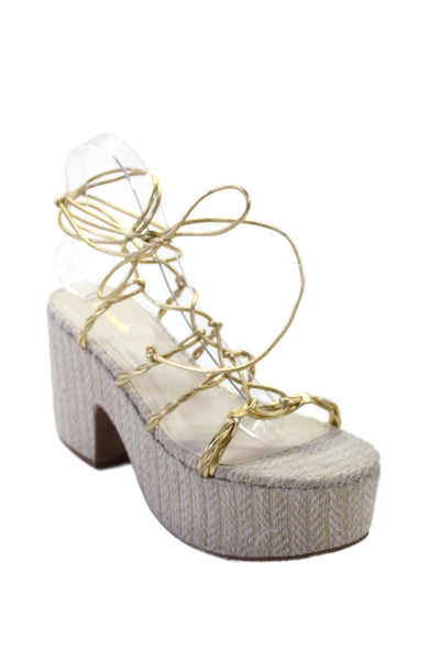 Larroude Womens Leather Lace Up Platform Sandal Heels Gold Beige Size 8