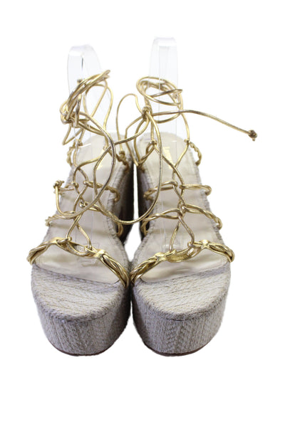 Larroude Womens Leather Lace Up Platform Sandal Heels Gold Beige Size 8