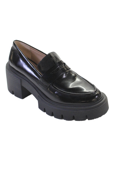 Stuart Weitzman Womens Slip On Block Heel Patent Leather Loafers Black Size 5.5