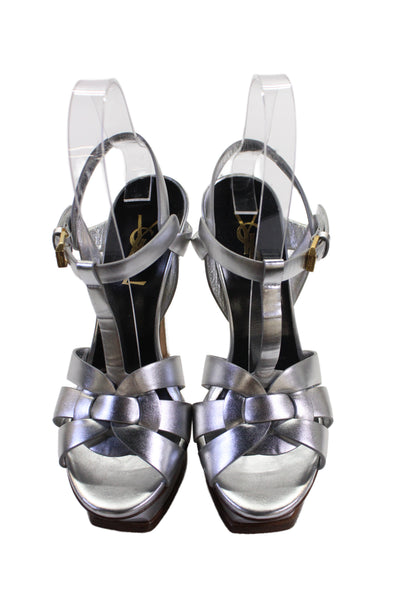 Yves Saint Laurent Womens Stiletto Metallic Leather Tribute Pumps Silver Size 36