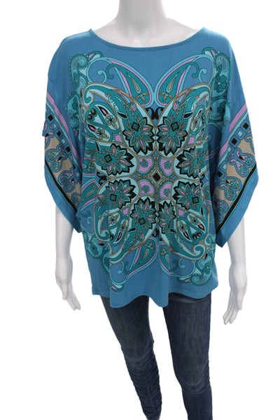 Michael Michael Kors Women Blue Paisley Tunic Short Sleeve Round Neck Size L