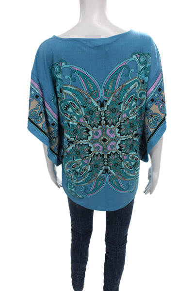 Michael Michael Kors Women Blue Paisley Tunic Short Sleeve Round Neck Size L