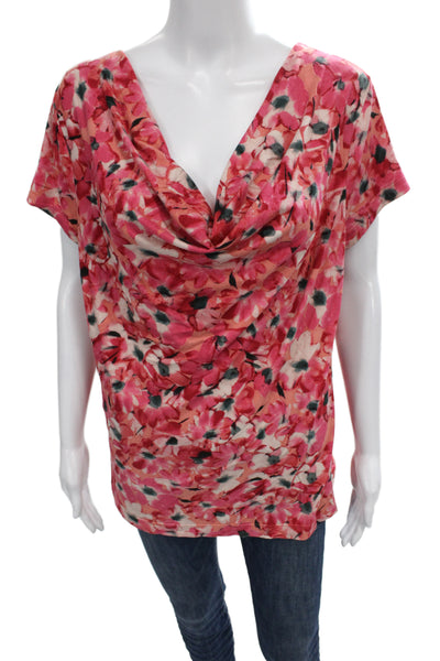 St. John Women Pink Floral Short Sleeve Rayon Spandex Blouse Size L