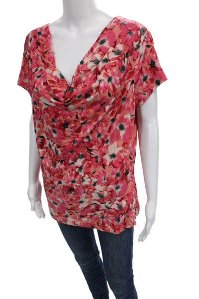 St. John Women Pink Floral Short Sleeve Rayon Spandex Blouse Size L
