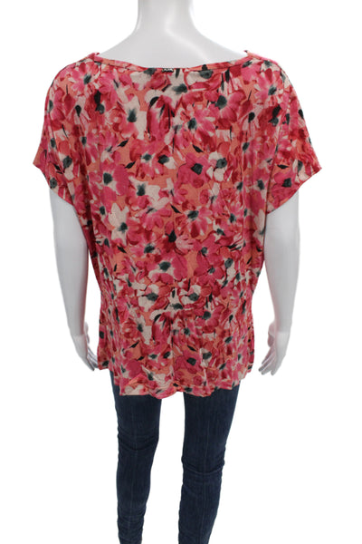 St. John Women Pink Floral Short Sleeve Rayon Spandex Blouse Size L