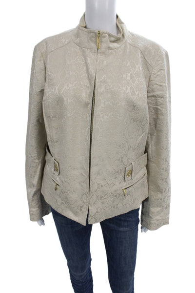 St. John Women Beige Animal Print Mock Neck Button Jacket Long Sleeve Size 14